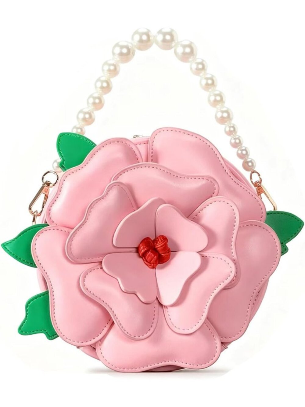 Women’s Flower Pink Purse Floral Pu Leather Crossbody Bag With Pearl Chains